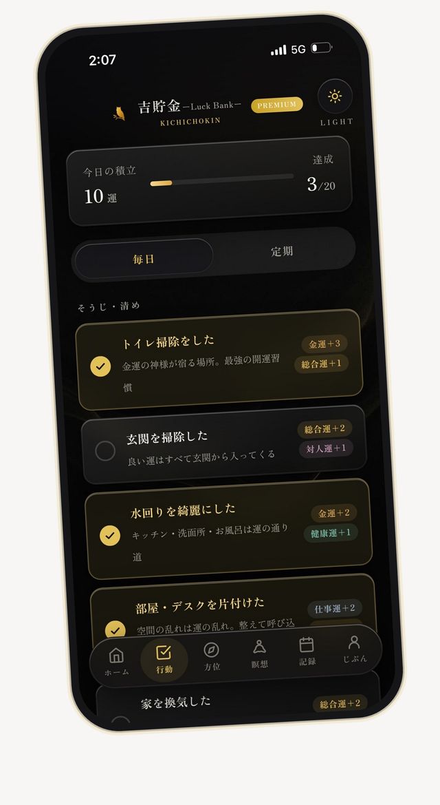 開運行動の一覧画面。トイレ掃除や玄関掃除などにチェックを入れると点数が加算される
